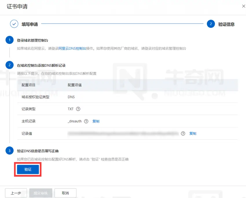 验证DNS信息是否填写正确