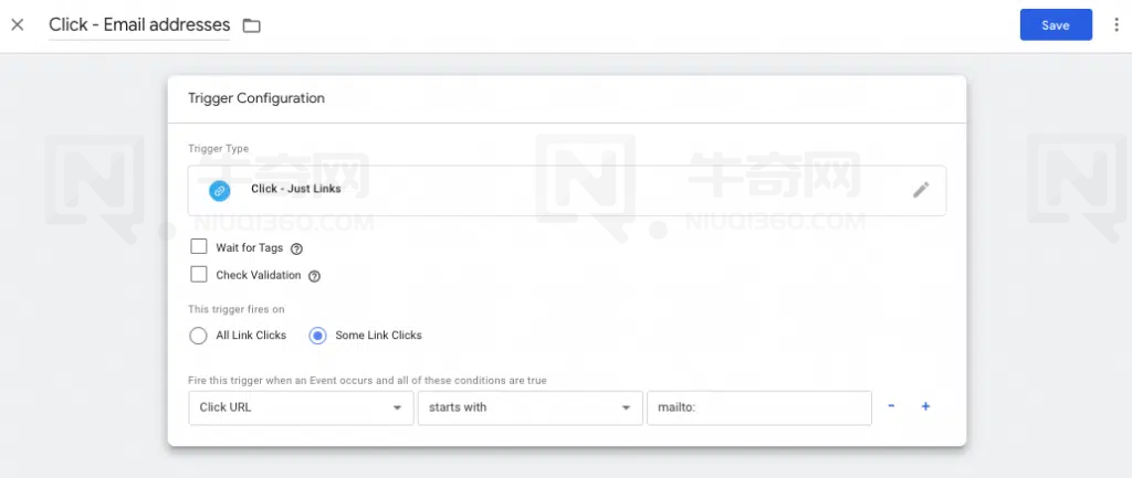 我们的触发器设置为在用户单击 mailto: 链接时触发。