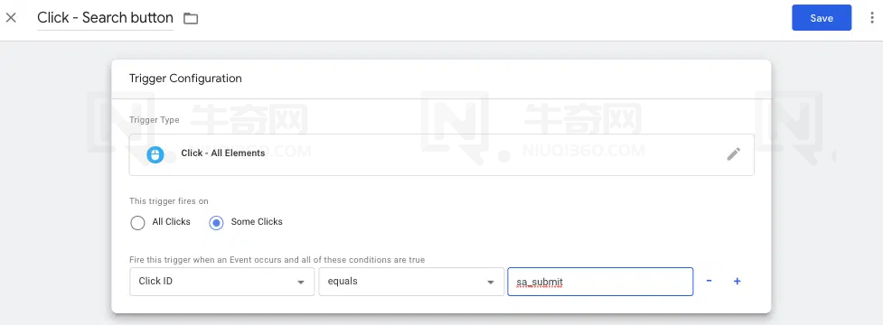 当用户单击 id=sa_submit 的元素时，我们的触发器设置为触发