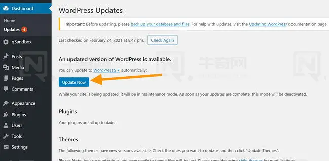 点击更新 WordPress
