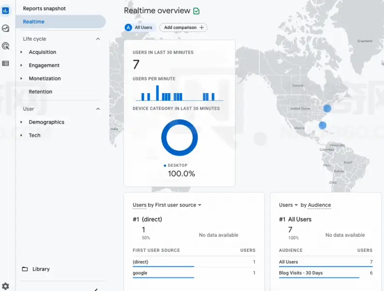 查看 Google Analytics（分析）的实时部分
