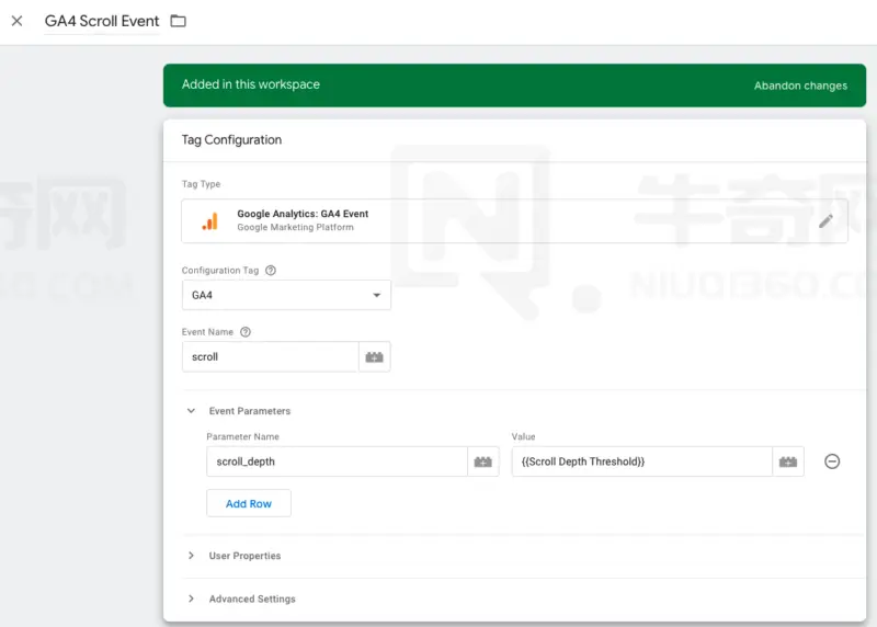 创建一个“Google Analytics：GA4 事件”的新标签