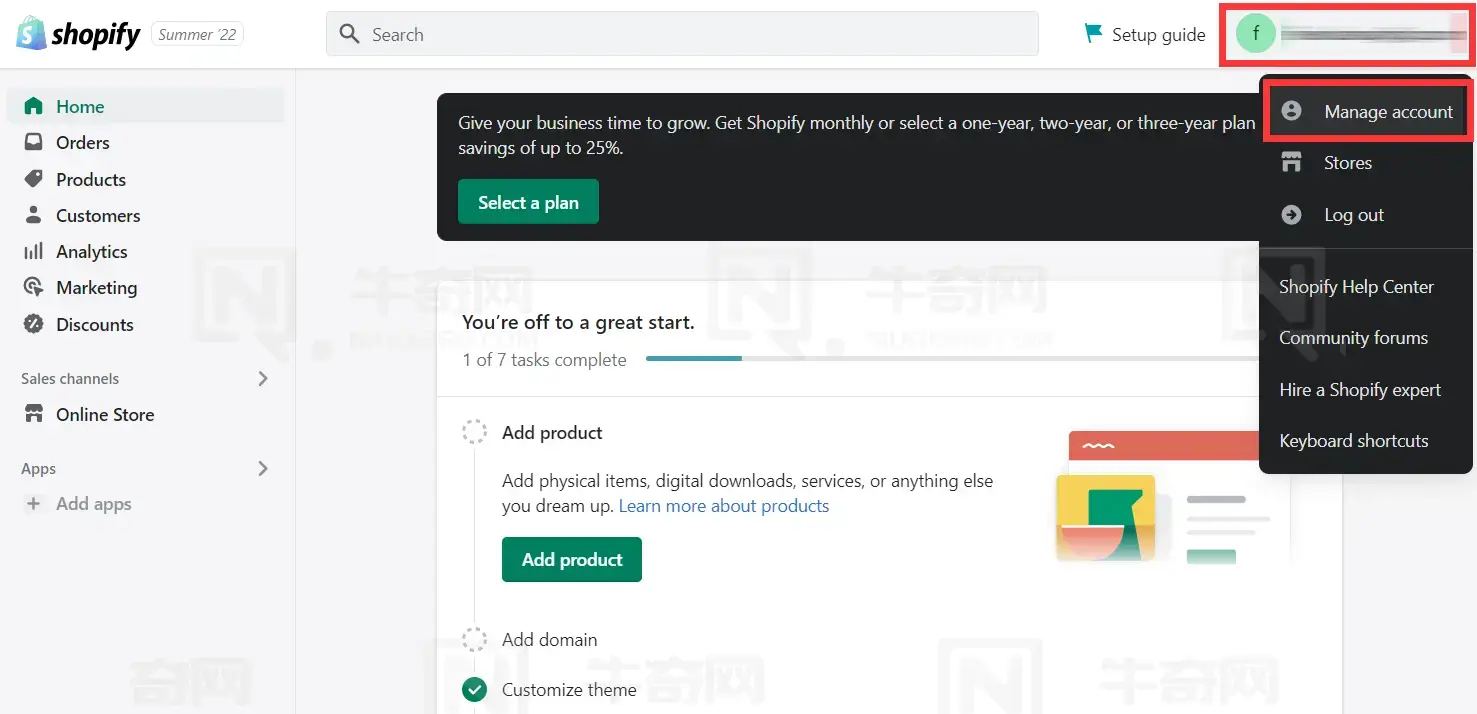 点击 Shopify 的账户管理菜单