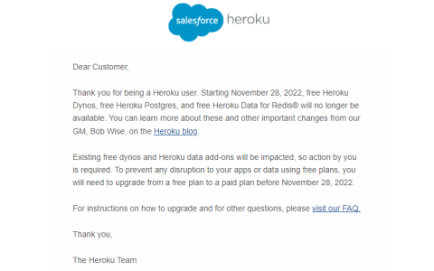 Heroku 自2022年11月28日起收费，现有免费产品用户将受影响